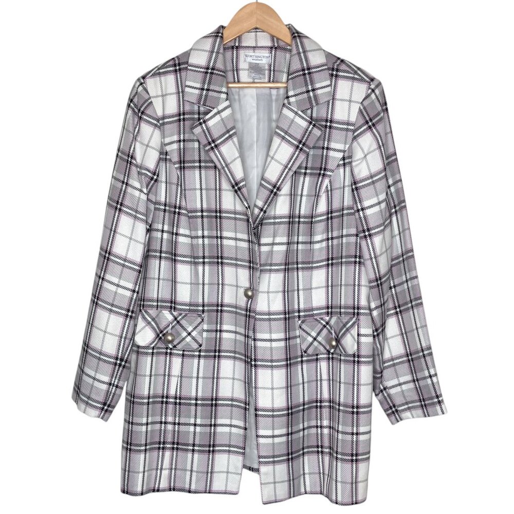 Worthington 22W White Purple Gray Plaid Oversized Long Blazer Jacket Plus 2X
